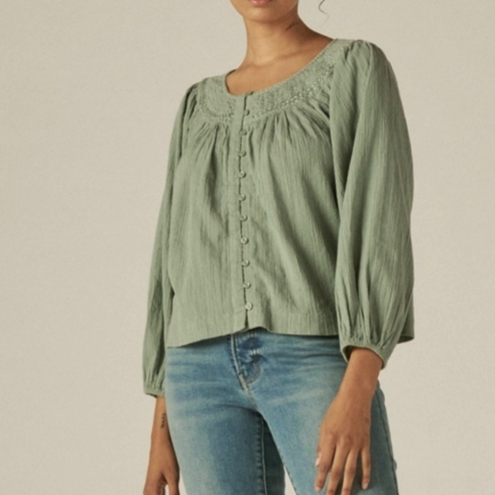 Lucky Brand,Embroidered Peasant Green Blouse, size S